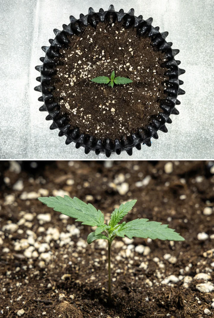 Cosmos F1 cannabis seedling during germination, emerging evenly from the soil between sprout days 1 and 5.