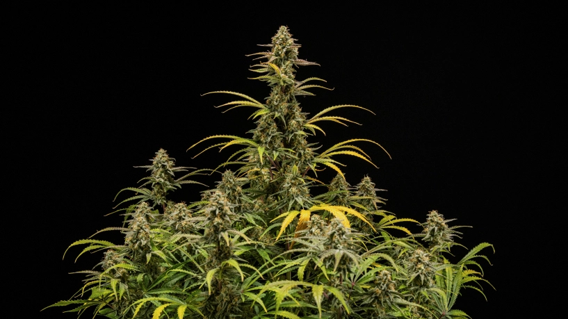 Mature Hyperion F1 cannabis plants against a black background, showing tall flowering colas, resinous buds, fading leaves, and a vigorous canopy during the final stage of flowering.
