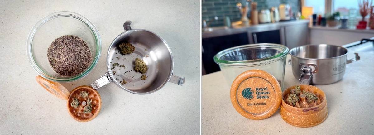Preparing Cannabis for Decarboxylation Ground cannabis and buds in a grinder, glass jar, and saucepan before decarboxylation.