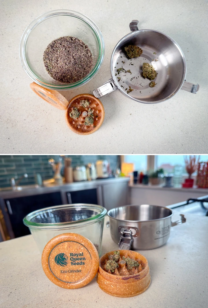 Preparing Cannabis for Decarboxylation Ground cannabis and buds in a grinder, glass jar, and saucepan before decarboxylation.