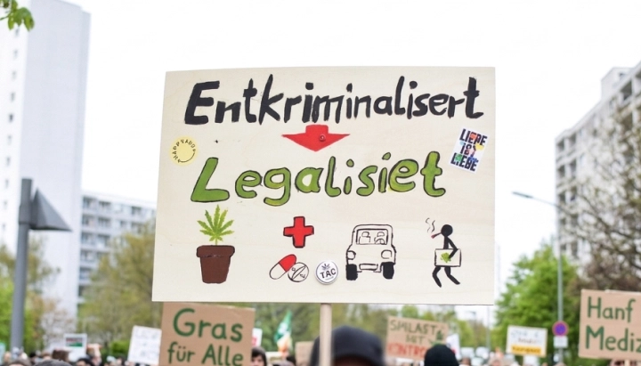 Cannabis Legalization Protest in Germany Pro-cannabis legalization sign at a demonstration in Germany calling for decriminalization and legalization.
