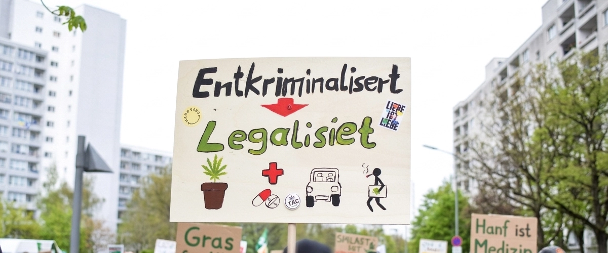 Cannabis Legalization Protest in Germany Pro-cannabis legalization sign at a demonstration in Germany calling for decriminalization and legalization.