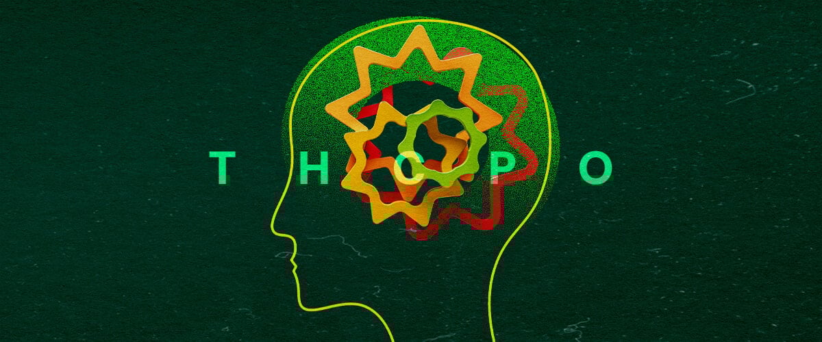 Vibrant illustration of a human head silhouette with colorful interlocking gears and the text 