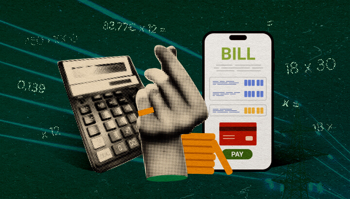 Hand with calculator and smartphone bill, illustrating electricity cost calculation for grow lights on a dark green background, ideal for cannabis growing cost guides.