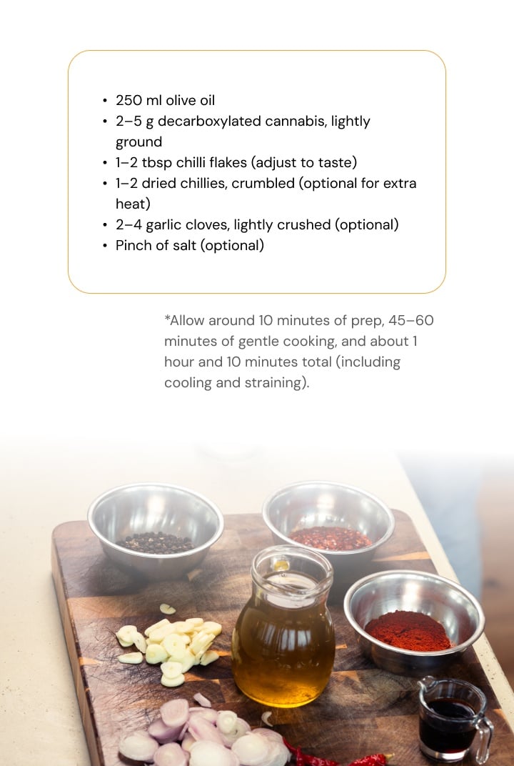 Ingredients for cannabis-infused chilli olive oil including olive oil, decarboxylated cannabis, chilli flakes, dried chillies, garlic, and salt arranged on a wooden board