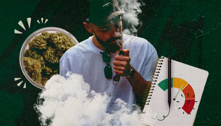 Monitoring Your Body's Response to Cannabis Man vaping cannabis with a jar of buds and a gauge illustrating body response monitoring.