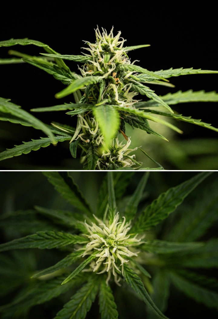 NYC Sour Diesel Auto cannabis plant in week 6 of flowering reaching around 122 cm, showing slower vertical growth, firmer buds, early resin development, and dense flower formation under LED light