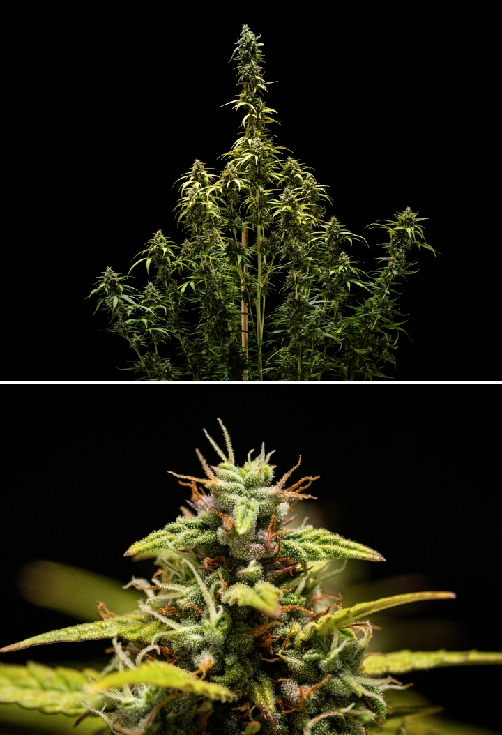 NYC Sour Diesel Auto cannabis plant in week 9 of flowering at harvest, with mostly cloudy trichomes, dense flowers, a tall structure, and slight light stress on the top cola