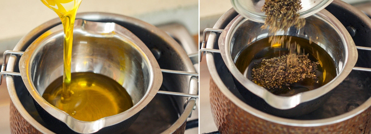 Cannabis Olive Oil Extraction in a Double Boiler Olive oil being heated in a double boiler while decarboxylated cannabis is added for extraction.