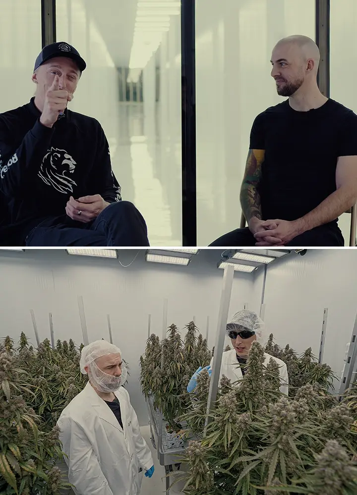 An illustration of Simon from CRIC Labs discussing his research role with Max, set against a high-tech indoor grow space with cannabis plants, data collection tools, and software platforms, on a green background.