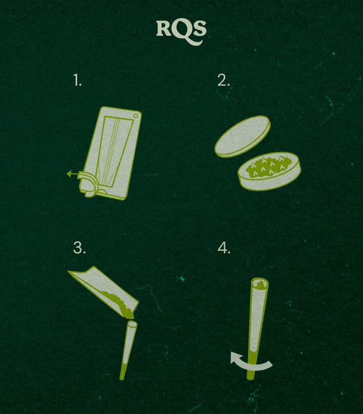 How to Stuff a Pre-Rolled Marijuana Cone Illustration showing the process of stuffing a pre-rolled marijuana cone, green and white design on a dark background by RQS.