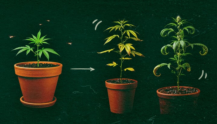 Three potted cannabis plants showing CCYV symptoms with yellowing and curling leaves on green background.