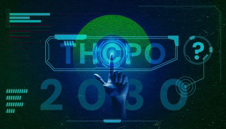 Futuristic image of a hand pressing a holographic 