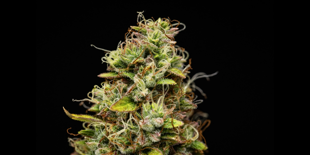 Wedding Cake Auto: Strong Yield Without Much Height Wedding Cake Auto cannabis bud with dense resinous flowers, orange pistils, green sugar leaves, and compact growth against a dark background.