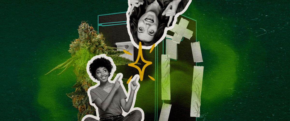 What Really Makes a Grow Tent Smell-Proof Cannabis An illustration of cannabis buds with two women and a taped-up grow tent, set against a green background, exploring what makes a grow tent smell-proof.