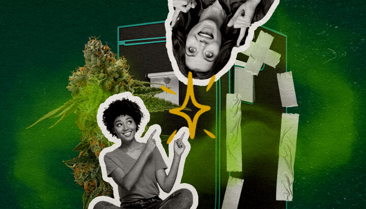What Really Makes a Grow Tent Smell-Proof Cannabis An illustration of cannabis buds with two women and a taped-up grow tent, set against a green background, exploring what makes a grow tent smell-proof.