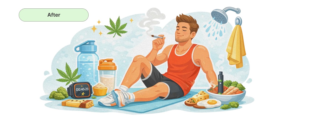 Illustration of a runner relaxing with cannabis after training, showing food, hydration, shower, and recovery essentials