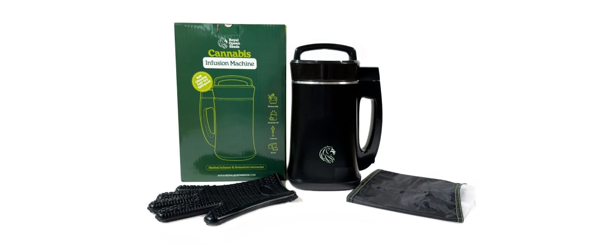 RQS Infusion Machine shown with its accessories, including protective gloves, filter bag, and product box.