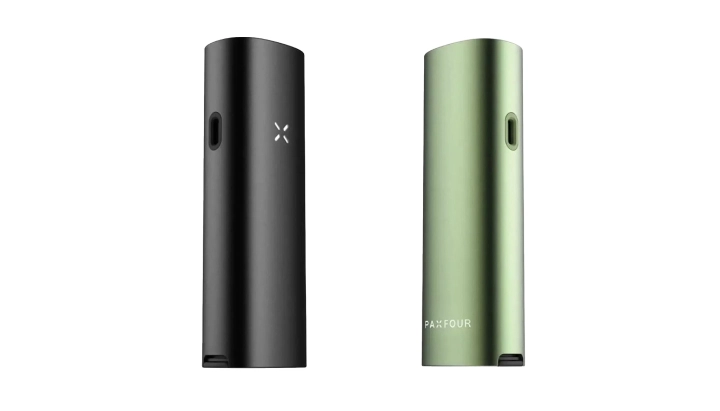 Black and green PAX Four vaporizers shown side by side, highlighting the slim compact design, LED petal indicator, side charging port, and color options
