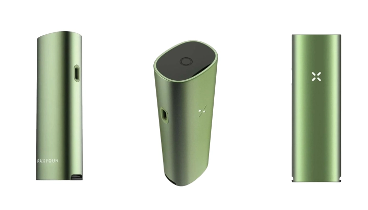 PAX Four vaporizer in green shown from multiple angles, highlighting its slim design, mouthpiece, power button, LED petal indicator, and compact body
