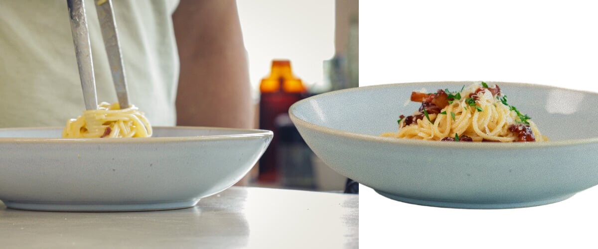 Plating creamy cannabis-infused spaghetti carbonara with pancetta and grated cheese, final step before serving