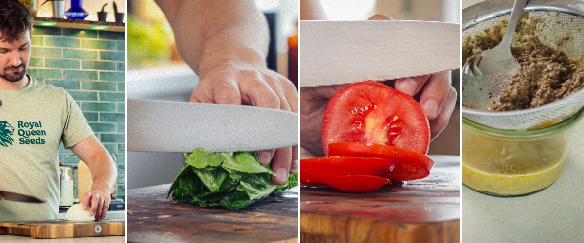 Preparing burger ingredients by slicing tomato, chopping lettuce, shaping minced meat, and warming an infused bun, first step for making a cannabis burger