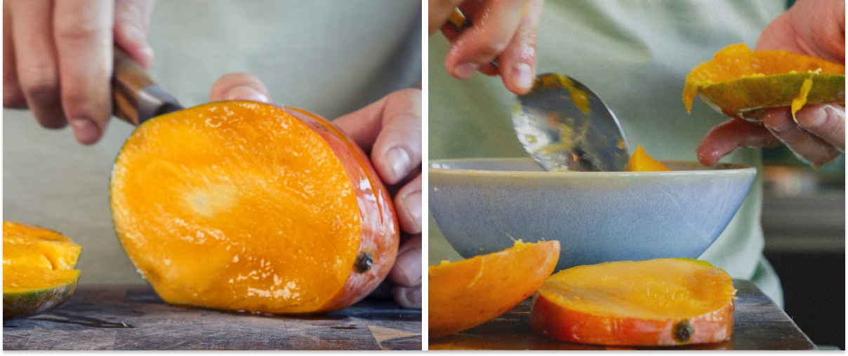 Step 1: Prepare the mango for a smooth and creamy cannabis smoothie Hands peeling and chopping a ripe mango into small pieces on a cutting board to prepare it for a smoothie.