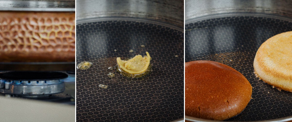 Infusing burger buns by toasting them in cannabis butter in a pan, second step for making a cannabis burger