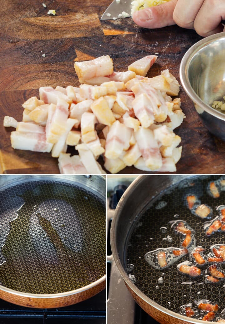 Diced pancetta frying in a pan with infused butter or olive oil, second step for making cannabis-infused carbonara