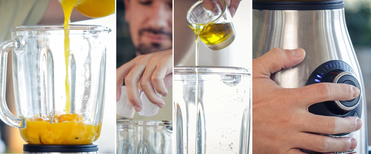 Adding chopped mango, mint, ice cubes, cannabis MCT oil, and lecithin into a blender jug before blending.