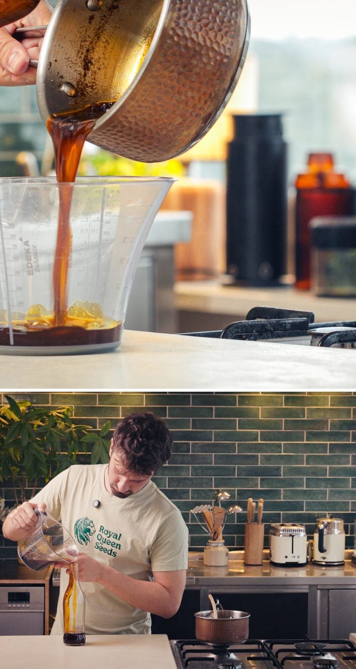 Straining cannabis-infused chilli oil through a sieve and pouring it into a glass bottle for storage