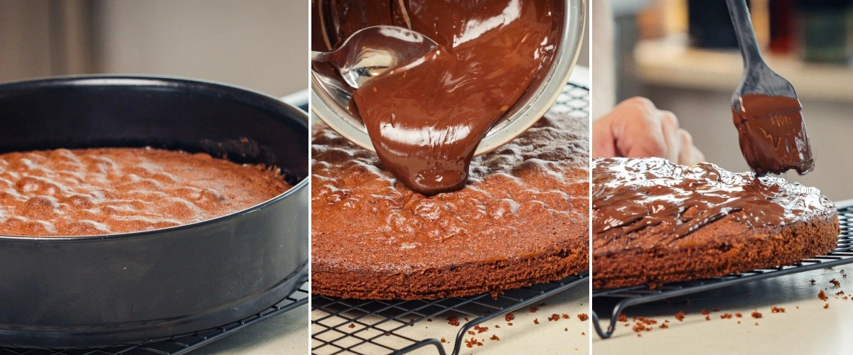 Pouring melted dark chocolate over a cooled space cake and spreading it evenly, fourth step for finishing a cannabis space cake