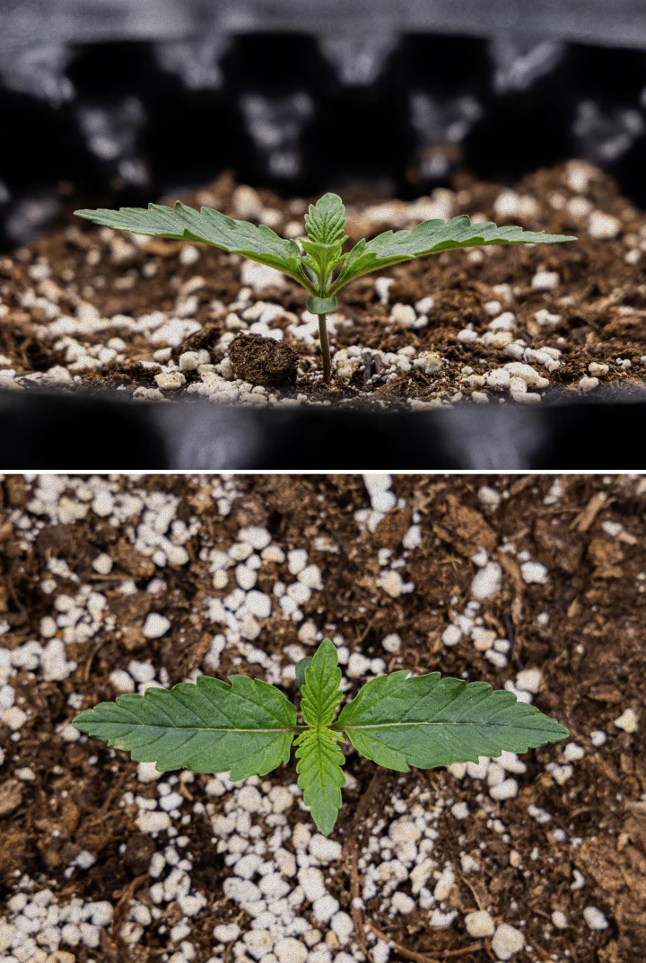 GOAT'lato Auto cannabis seedling in week 1 growing in BioBizz Light Mix under LED light, showing first true leaves and sturdy early growth