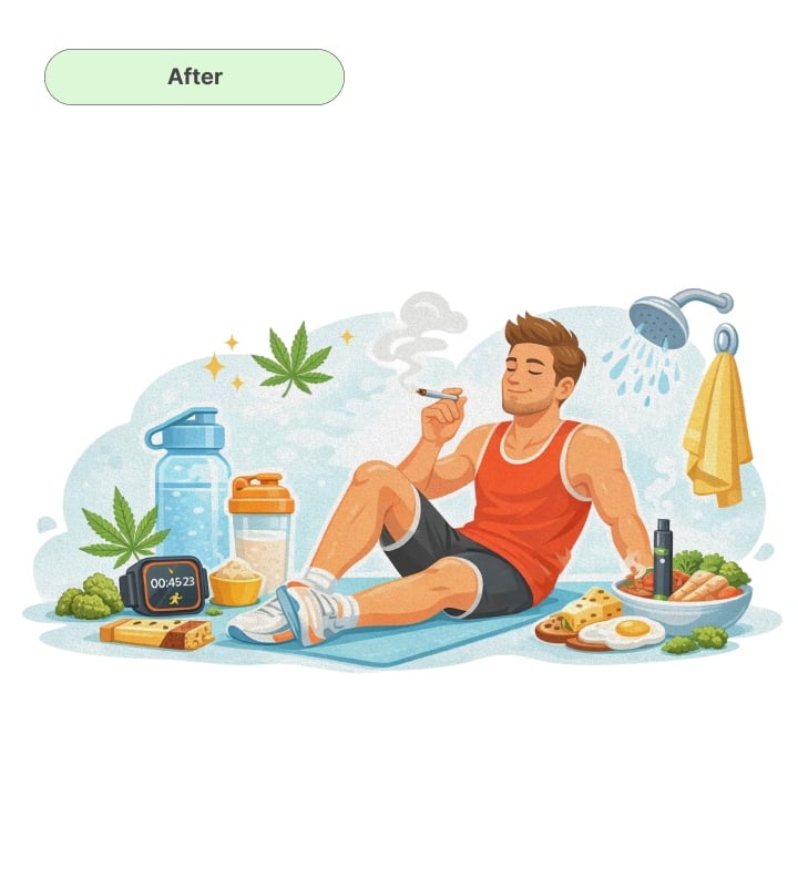 Illustration of a runner relaxing with cannabis after training, showing food, hydration, shower, and recovery essentials