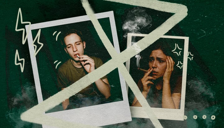 Anxiety or Paranoia After a Cannabis Tolerance Break Two people smoking cannabis, one looking relaxed, the other anxious, illustrating potential anxiety or paranoia after a tolerance break.
