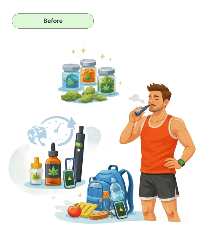 Illustration of a runner preparing to use cannabis before a training session, showing vape, oils, flower, and running gear