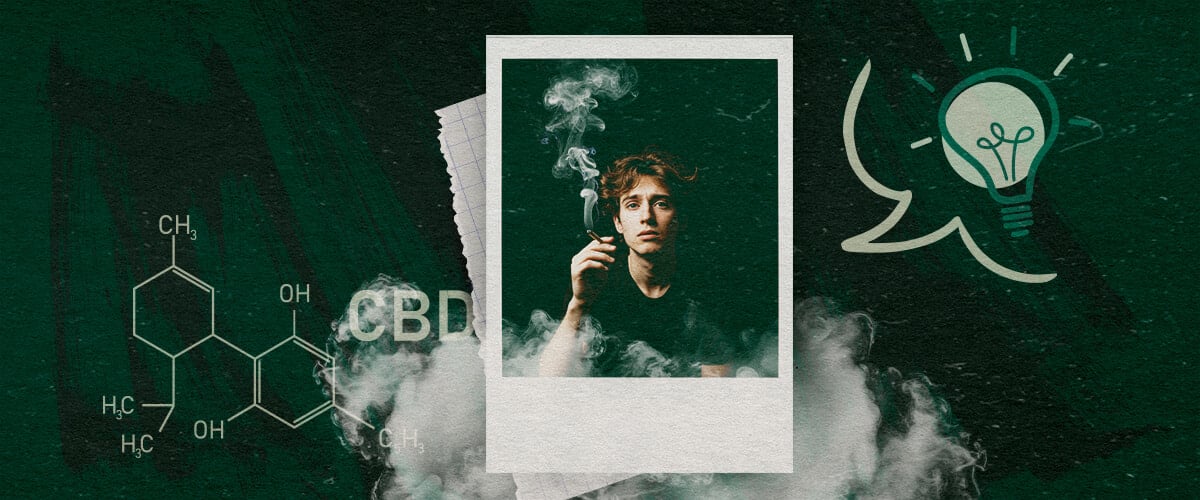 Best Practices for Reintroducing Cannabis Man smoking cannabis, with CBD molecule illustration and lightbulb icon, representing ideas and best practices for cannabis use.