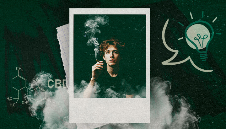 Best Practices for Reintroducing Cannabis Man smoking cannabis, with CBD molecule illustration and lightbulb icon, representing ideas and best practices for cannabis use.