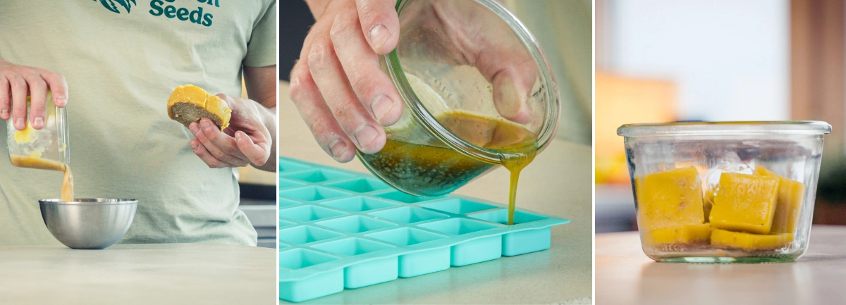 Cannabutter being poured into silicone moulds for portioning, with finished butter cubes stored in a glass container after separating the butter from the water
