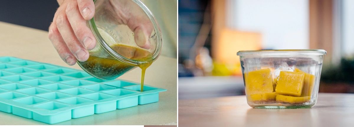 Portioning Cannabutter Into Cubes After Separating the Water Cannabutter being poured into silicone moulds for portioning, with finished butter cubes stored in a glass container after separating the butter from the water