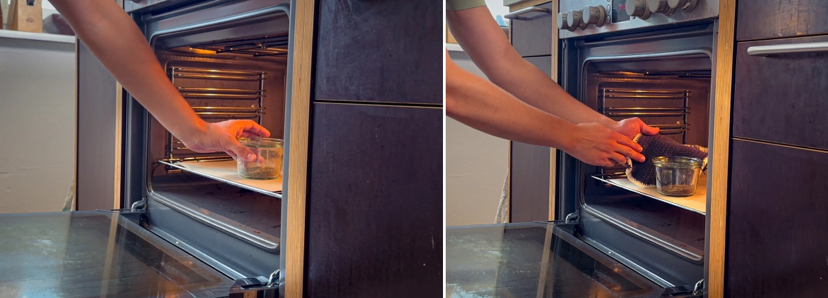 Cannabis Decarboxylation in the Oven for Edibles Cannabis decarboxylation process showing a glass jar with cannabis being placed in an oven, with hands carefully handling the jar and lid before heating
