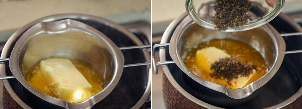 Adding Decarboxylated Cannabis to Melted Butter for Cannabutter Infusion Melted butter in a double boiler with decarboxylated cannabis being added, showing the start of a slow cannabutter infusion process