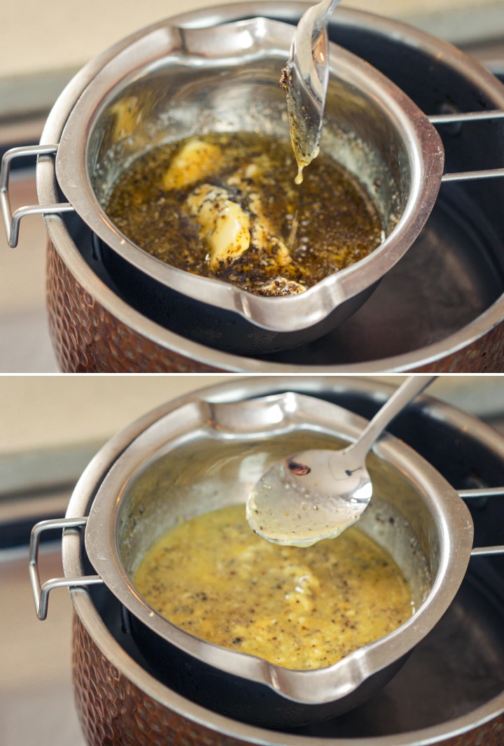 Gently Simmering Cannabutter in a Double Boiler Cannabutter mixture gently simmering in a double boiler, with a spoon stirring the infused butter to maintain even heat and prevent overheating