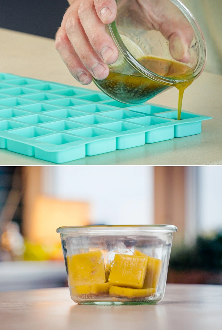 Portioning Cannabutter Into Cubes After Separating the Water Cannabutter being poured into silicone moulds for portioning, with finished butter cubes stored in a glass container after separating the butter from the water