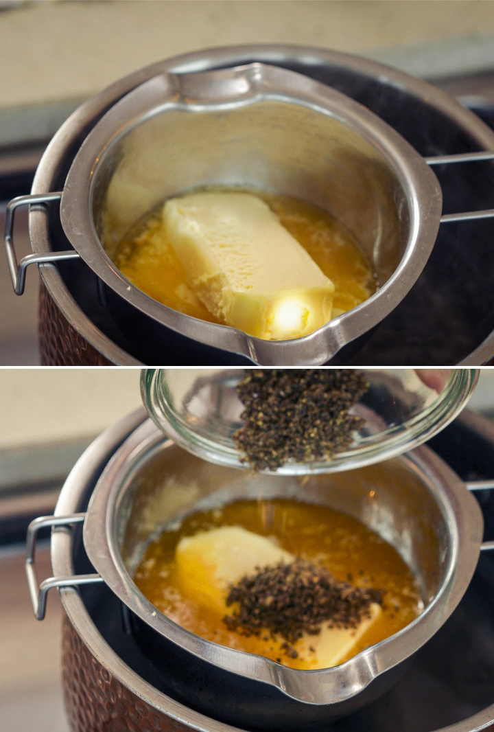 Adding Decarboxylated Cannabis to Melted Butter for Cannabutter Infusion Melted butter in a double boiler with decarboxylated cannabis being added, showing the start of a slow cannabutter infusion process