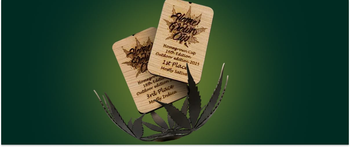Homegrown Cup cannabis awards won by RQS, featuring first and third place trophies from the Outdoor Edition 2025