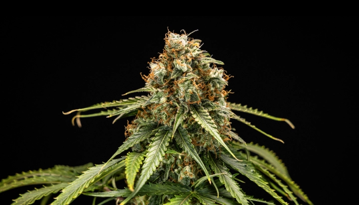 Epsilon F1 cannabis bud with dense resinous flowers, orange pistils, green leaves, and a compact flowering structure against a dark background.