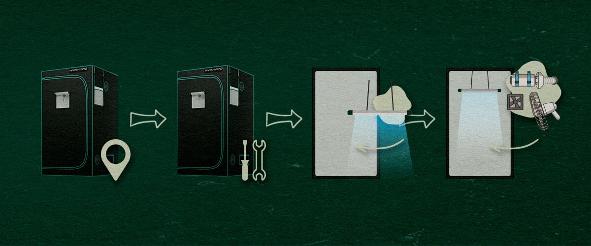 Step-by-Step 4×4 Grow Tent Setup Guide A step-by-step guide illustration for setting up a 4×4 grow tent, showing the tent selection, assembly with tools, installation of grow lights, and addition of a fan and filter, all on a green background with arrows indicating the process.