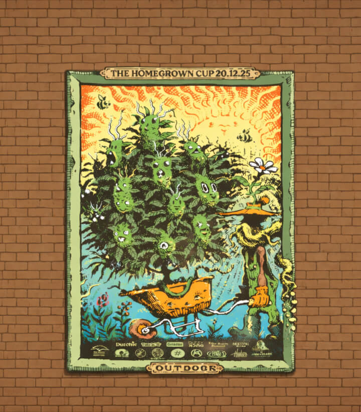 Illustrated poster of the Homegrown Cup Outdoor edition featuring a cannabis plant in a stylized garden scene