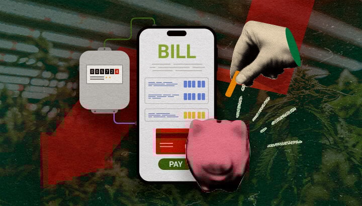 Electricity meter with smartphone bill and piggy bank, showing ways to lower grow room electricity costs on a dark green background, ideal for cannabis growing savings tips.
